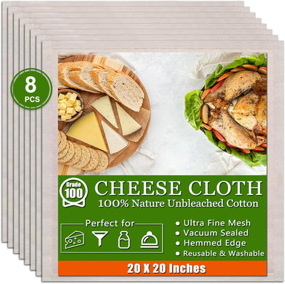 6 Pcs Cheese Cloths, 20x20 Inch, 100% Unbleached Cotton, Grade 100 Reusable Cheese Cloth With Fabric Fine Mesh Cloth, Reusable Muslin Cheesecloth for Straining, Juicing, Cooking, Baking