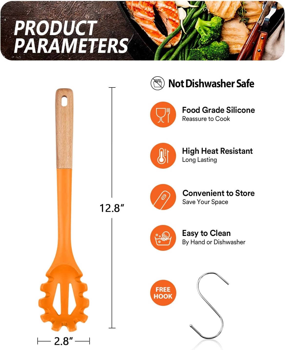 Silicone Pasta Fork, Kitchen Heat Resistant Noodle Spoon Server, BPA Free Spaghetti Strainer,12.8 inch (Khaki)