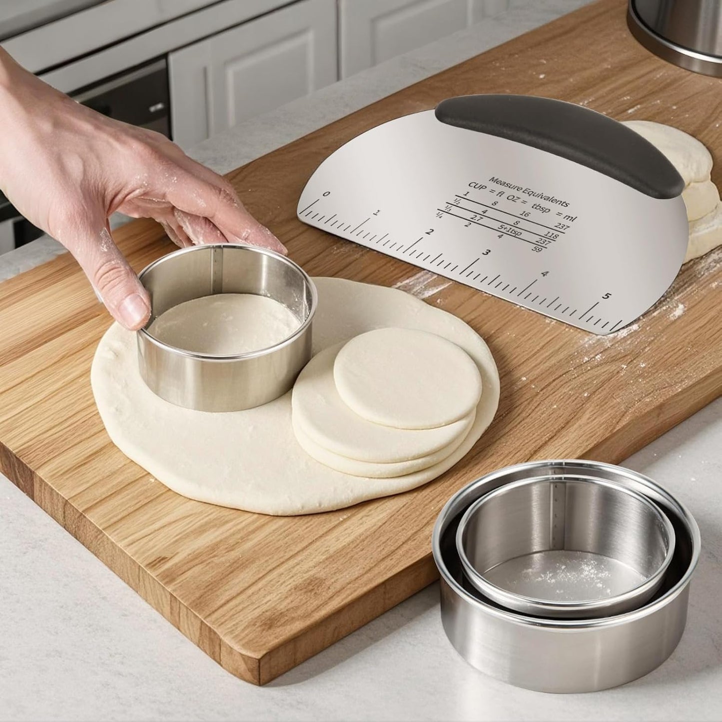 Professional Stainless Steel Dough Cutter and Scraper Combo - 2-in-1 Baking Tool for Bread, Pizza & Pastry | Multi-Use Bench Scraper with Kitchen Utensils Grip (Heavy Duty Dough Tool) (Silver/cream)