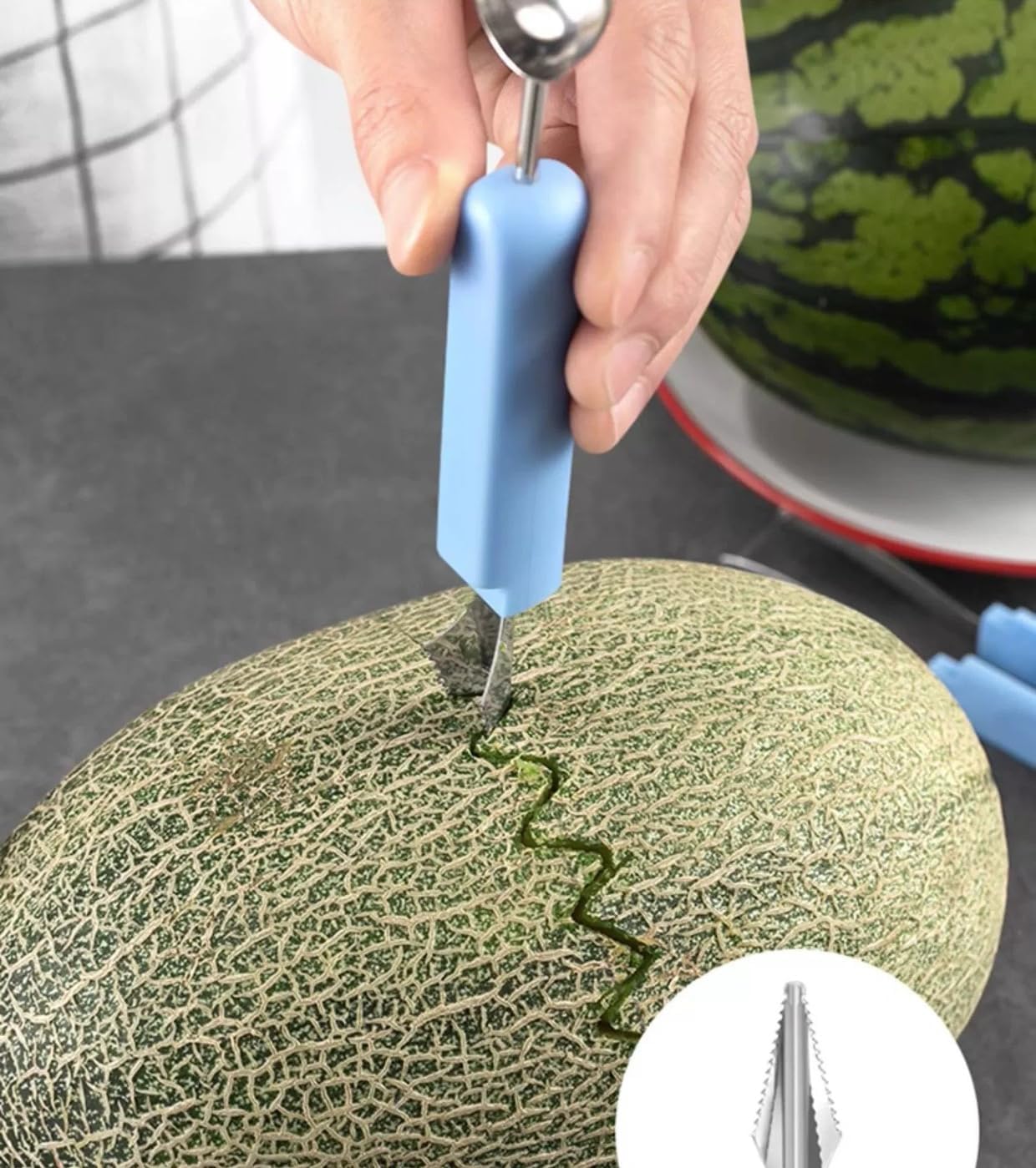 4 in 1 Melon Baller Set with Watermelon Slicer, Ice Cream Scoop & Knife, Stainless Steel, Blue