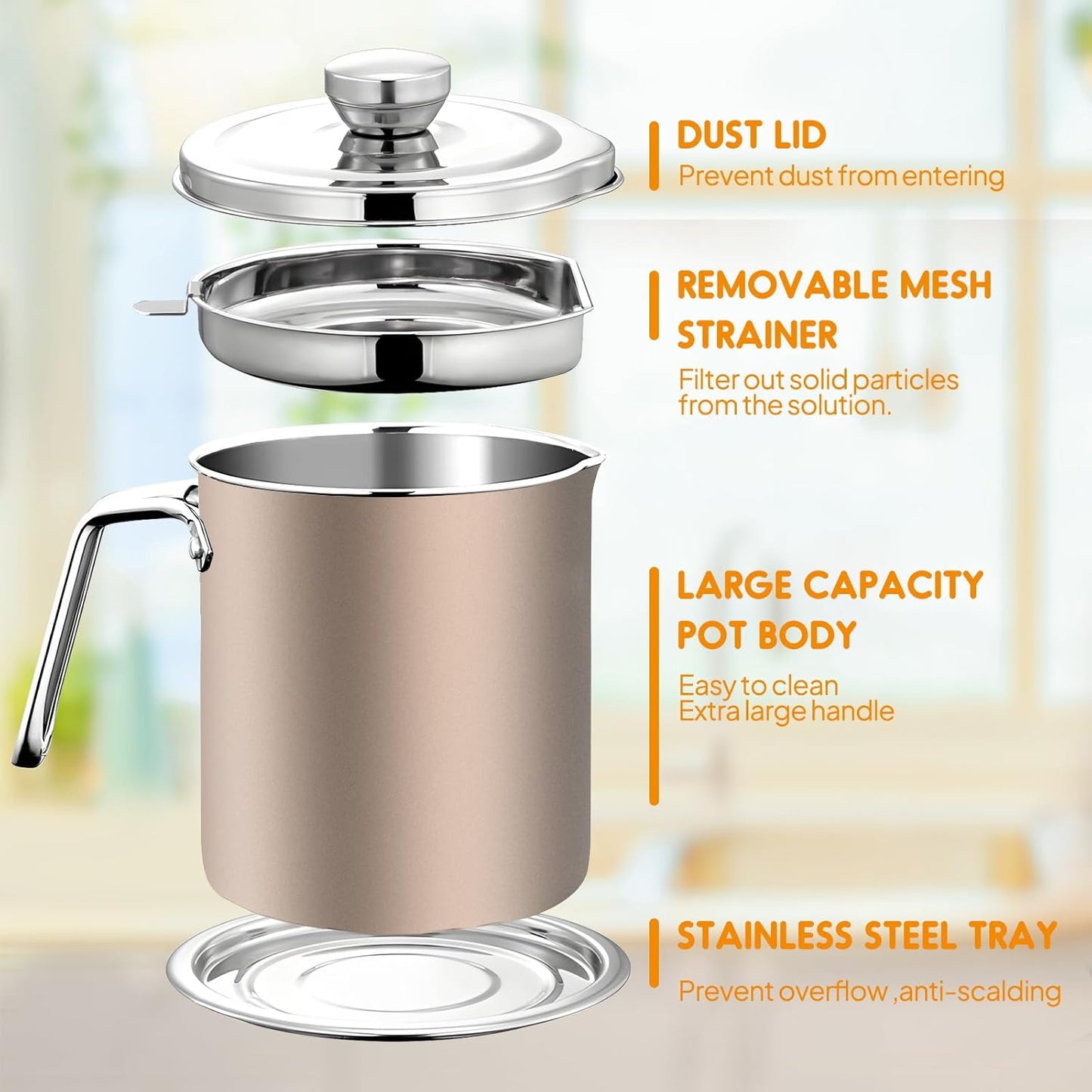 Chihee Grease Container Stainless Steel Bacon Grease Saver with Fine Mesh Strainer 2L / 67.6 fl oz Cooking Oil Keeper Stoarge Can with Dust-proof Lid Non-slip Tray for Kitchen Frying