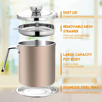 Chihee Grease Container Stainless Steel Bacon Grease Saver with Fine Mesh Strainer 2L / 67.6 fl oz Cooking Oil Keeper Stoarge Can with Dust-proof Lid Non-slip Tray for Kitchen Frying