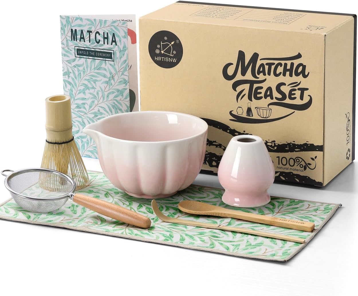 Matcha Whisk Set, 7 Pcs, Matcha Kit Includes Matcha Bowl, Matcha Whisk and Holder, Bamboo Scoop, Spoon, Sifter and Tea Towel, Matcha Set, Gift for Matcha Lovers & Beginners (Pink)