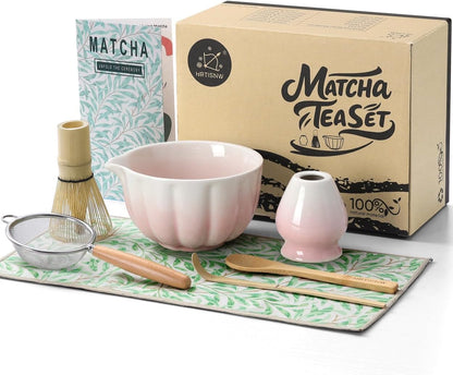 Matcha Whisk Set, 7 Pcs, Matcha Kit Includes Matcha Bowl, Matcha Whisk and Holder, Bamboo Scoop, Spoon, Sifter and Tea Towel, Matcha Set, Gift for Matcha Lovers & Beginners (Pink)