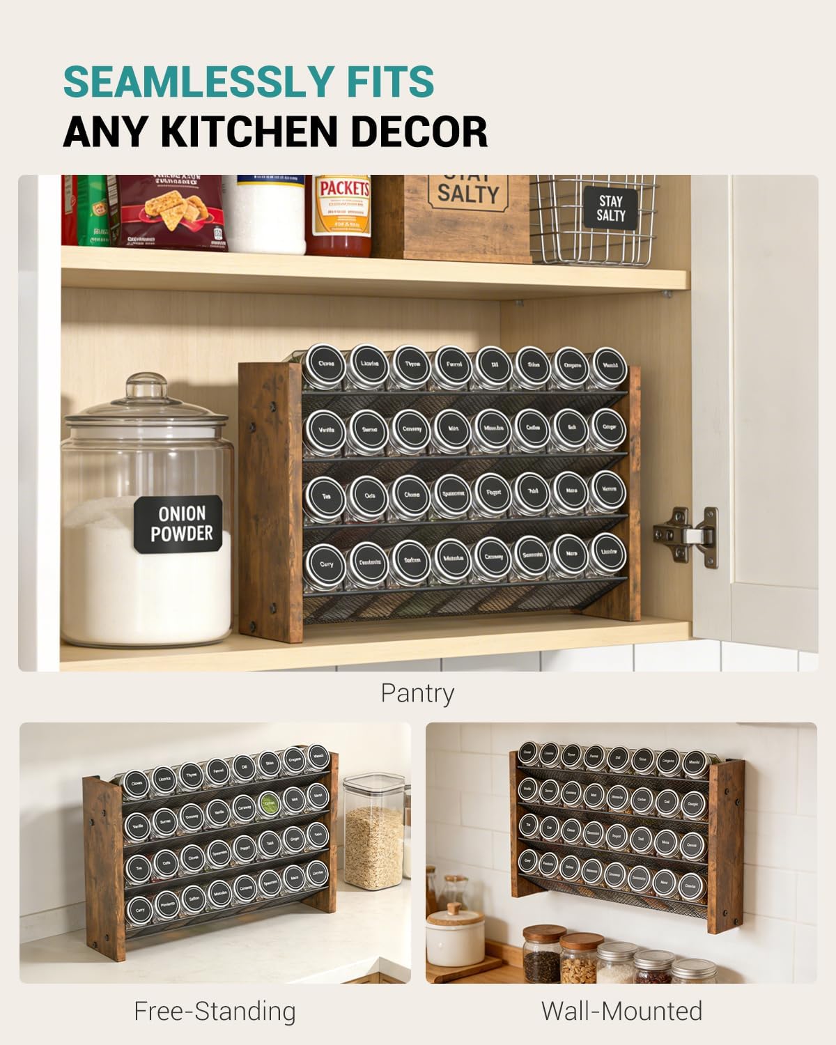 NESAPTO Spice Rack Organizer for Cabinet, Wood 4-Tier Vertical Seasoning Organizer, Wall Mount or Countertop Spice Shelf, Holds 28 Jars (No Jars Included), 14" W x 9.4" H