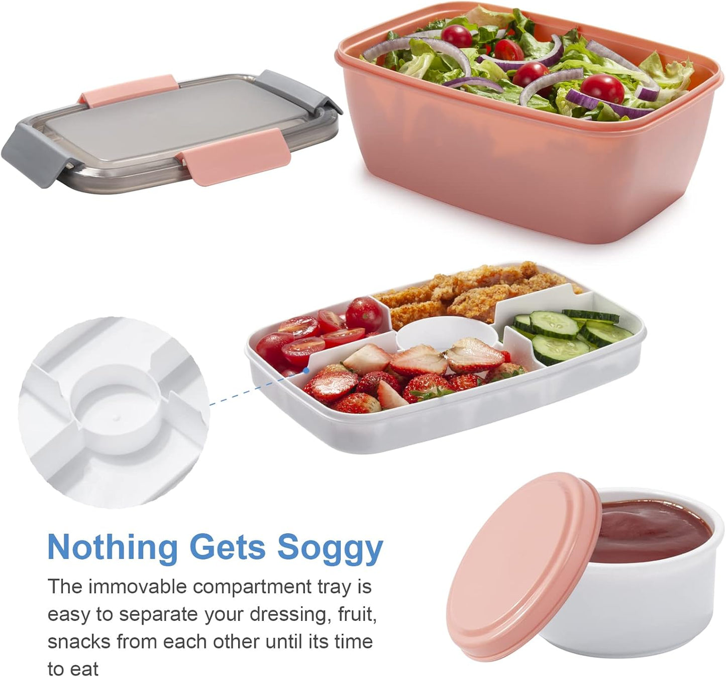 Freshmage Large Salad Container for Lunch, 2 Packs 68oz Salad Bowls with 5 Compartments, Salad Dressings Container for Salad Toppings, Snacks, Men, Women (Pink+Blue)