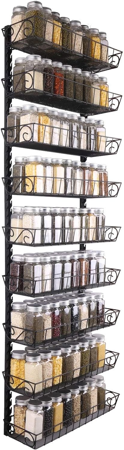 SWOMMOLY Adjustable Wall Mount Spice Rack Organizer, 12-Tier Dual-use (Multi-use) Hanging Spice Shelf Storage for Kitchen Pantry Cabinet Door, Seasoning Holder Organizer, Black