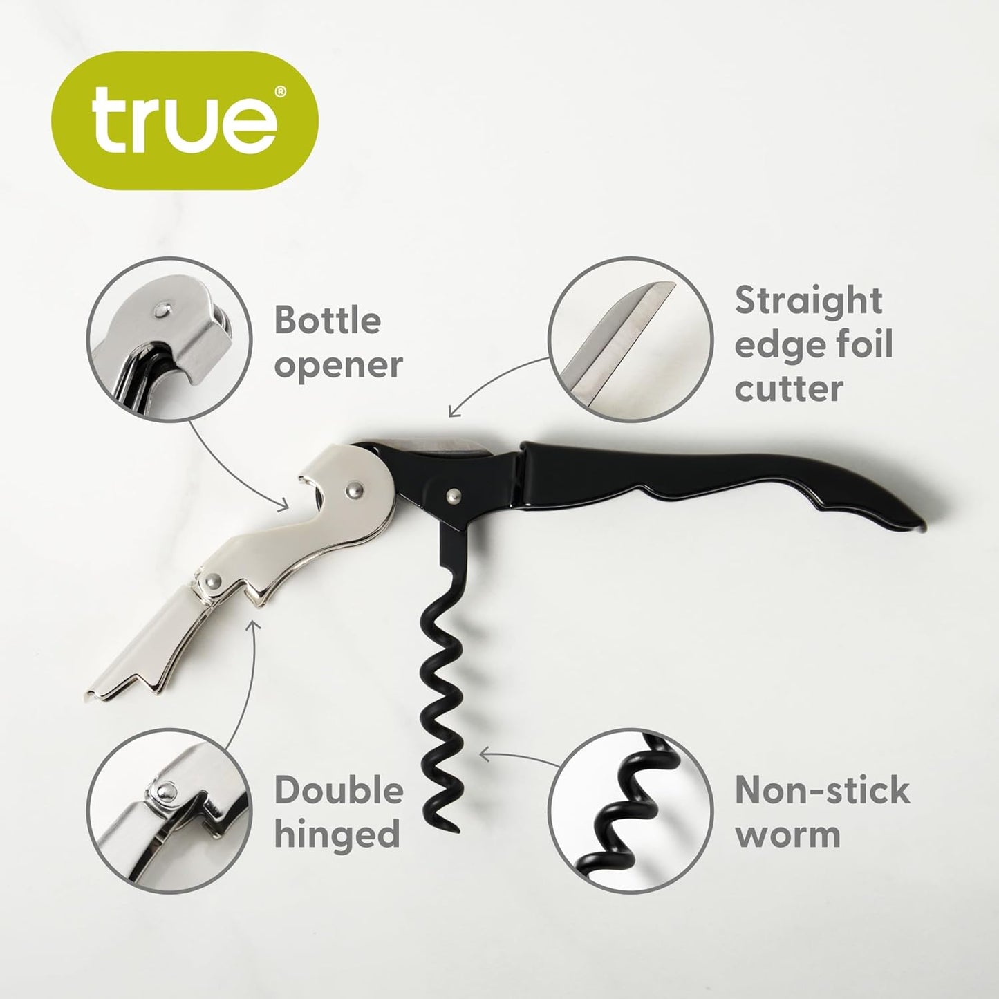 True Truetap Double Hinged Waiter's Corkscrew Wine Opener, Stainless Steel Wine Bottle Opener with Built In Foil Cutter, Home Bar Tools, Bar Cart Accessories, Wedding Gifts, Set of 1, Black