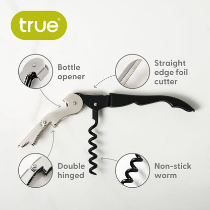 True Truetap Double Hinged Waiter's Corkscrew Wine Opener, Stainless Steel Wine Bottle Opener with Built In Foil Cutter, Home Bar Tools, Bar Cart Accessories, Wedding Gifts, Set of 1, Black