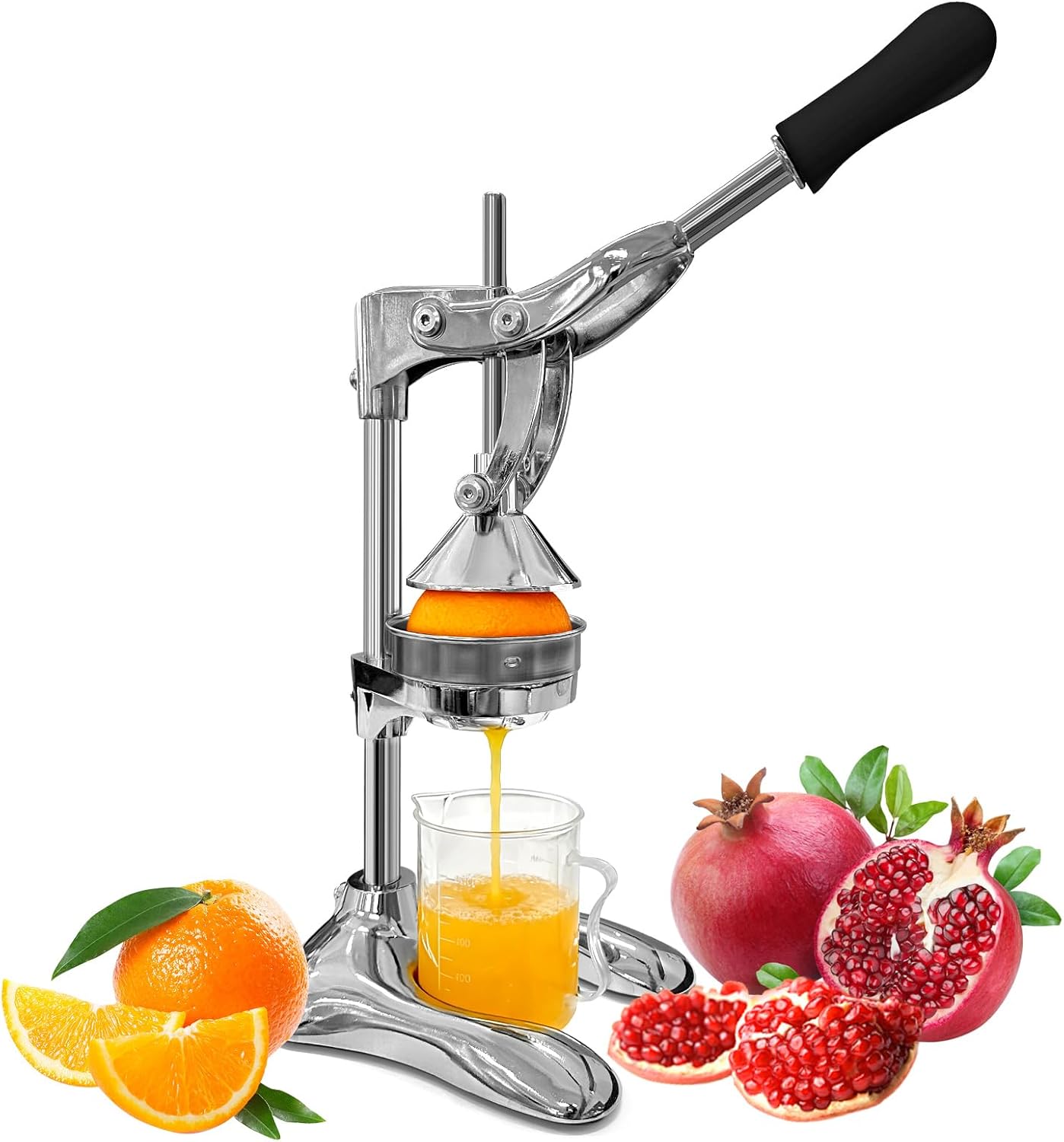 Manual Juicer Professional Hand Press - Heavy Duty Stainless Steel Citrus Squeezer for Orange, Lemon & Pomegranate with Stable Base and Measuring Cup, Commercial Grade Extraction