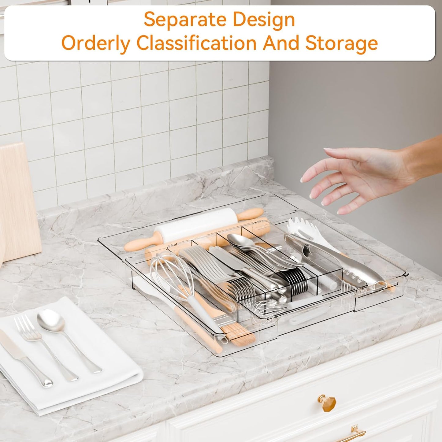 Yieach Acrylic Clear Expandable Kitchen Utensil Drawer Organizer and Silverware Organizer,BPA FREE Adjustable Silverware Tray for Drawer Cutlery,Spatula,Tools,Flatware Organizers,Fork and Spoon Holder