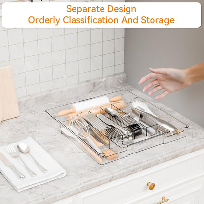 Yieach Acrylic Clear Expandable Kitchen Utensil Drawer Organizer and Silverware Organizer,BPA FREE Adjustable Silverware Tray for Drawer Cutlery,Spatula,Tools,Flatware Organizers,Fork and Spoon Holder