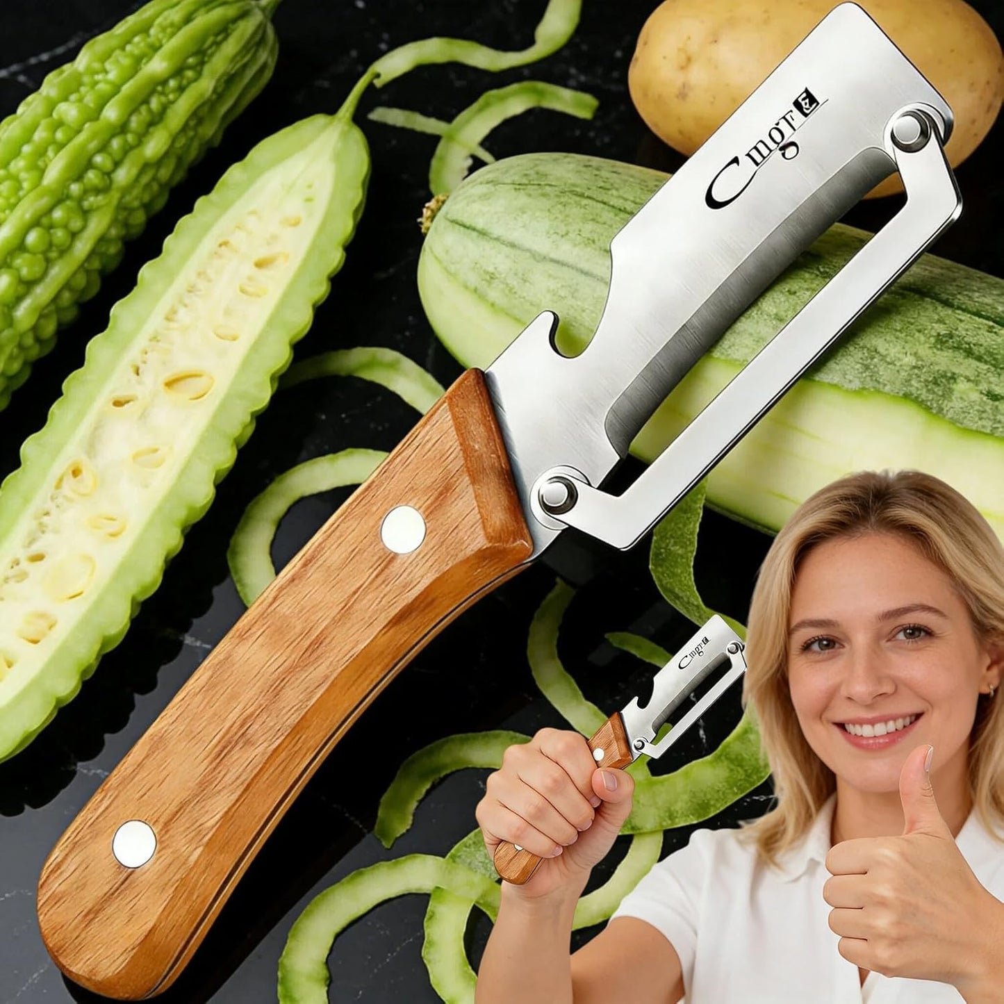 Maxjoy Multifunctional Vegetable Peeler, Zero Flex & Zero Snag, Stainless Steel with Wooden Handle, 2 in 1 Peeler with Bottle Opener for Potato Apple Carrot Fruit