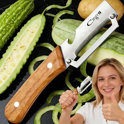 Maxjoy Multifunctional Vegetable Peeler, Zero Flex & Zero Snag, Stainless Steel with Wooden Handle, 2 in 1 Peeler with Bottle Opener for Potato Apple Carrot Fruit