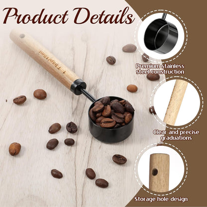 Stainless Steel Wood 1 Teaspoon Scoop, Wood Long Handle Coffee-Bean Scoops, 1 Tablespoon Coffee Scoop, Measuring Scoops for Coffee, Tea, Spices (Black, 15ML, 6 Inch)