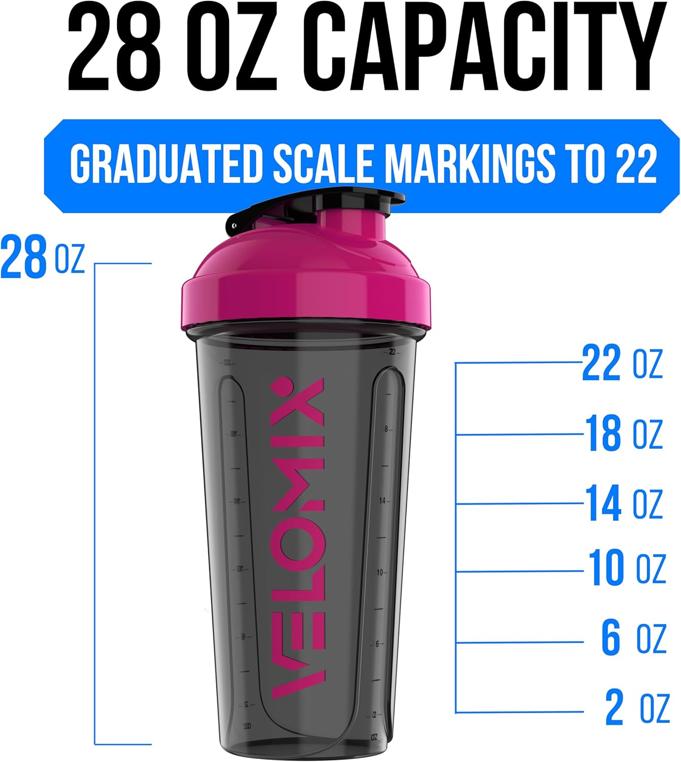 VELOMIX -2 Pack- 28 oz Protein Shaker Bottles for Protein Mixes - 2x Wire Whisk | Leak Proof Shaker Cups for Protein Shakes | Protein Shaker Bottle Pack (Black/Transparent)
