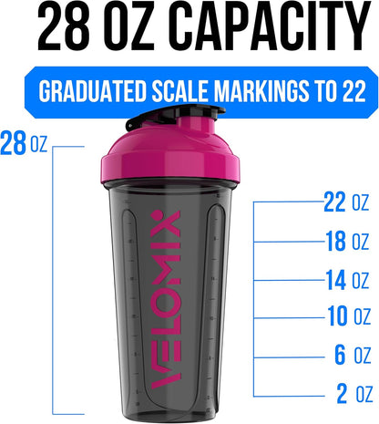 VELOMIX -2 Pack- 28 oz Protein Shaker Bottles for Protein Mixes - 2x Wire Whisk | Leak Proof Shaker Cups for Protein Shakes | Protein Shaker Bottle Pack (Black/Transparent)