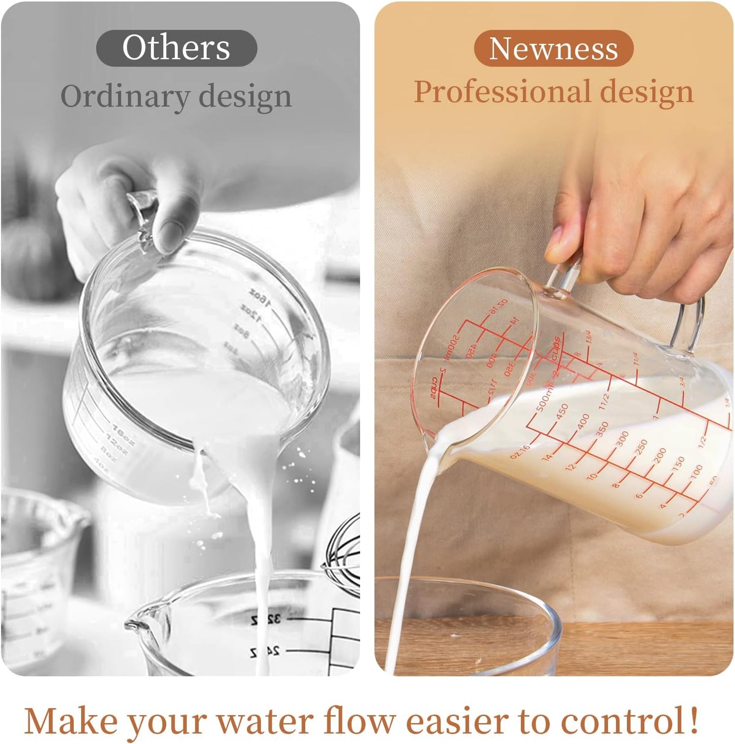 Newness 2-Cup Glass Measuring Cup For Baking and Cooking, (Upgraded, 3 Marking Including Cup/ML/Ounce Scale) Dishwasher, Freezer, Microwave, and Preheated Oven Safe, Essential Kitchen Tools