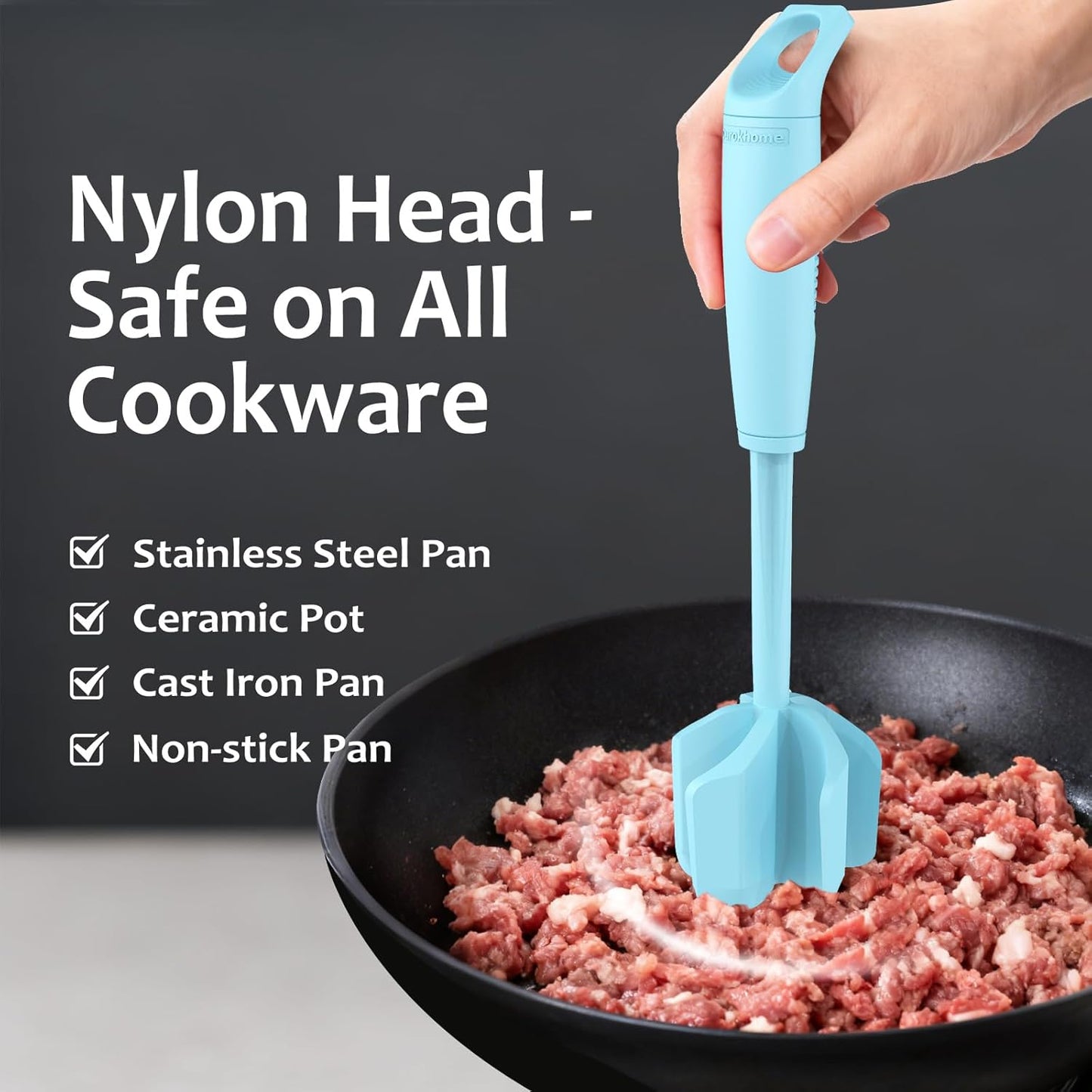 Ourokhome Meat Chopper and Potato Masher, Heat Resistant Nylon Ground Beef Smasher for Hamburger, 5 Curved Blades Nonstick Mixer & Stirrer, Practical Kitchen Gadgets, Black