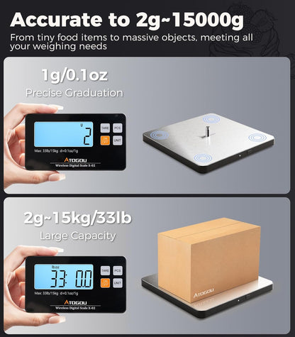 Atogou Upgraded Wireless Food Scale, 33lb/15kg Kitchen Scale with Detachable Display & Larger Platform, 0.1oz/1g, 9 Units, Counting Function, Stainless Steel, for Cooking, Baking, Shipping, Black