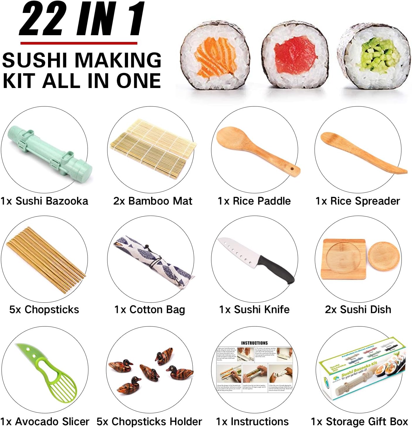 SmileTools Sushi Making Kit, 22pcs Roller Maker for Beginners With Guide Book, Bazooka, Knife, Mat, Avocado Slicer, Chopsticks, Sauce Dishes & More - Sushi Lover's Gift