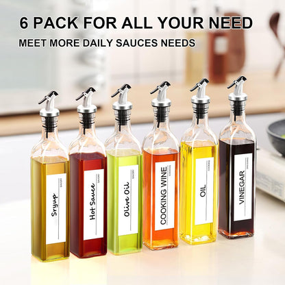 gmisun Olive Oil Dispenser for Kitchen, 4 Pack 17 fl oz Glass Oil Dispensers Bottle, Cooking Soy Sauce Bottle Container Cruet with Plastic Pourer Spout, Funnel and Labels, Clear