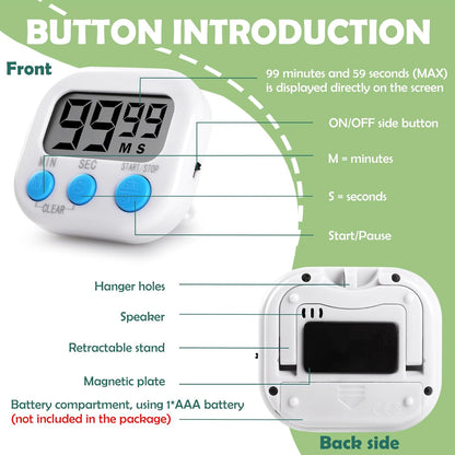 GeeRic Kitchen Timers 4 Pack, Electronic Timers with Loud Alarm for Cooking, Magnetic Digital Timers Big LCD Display Blue Green Pink White (No Battery Included)