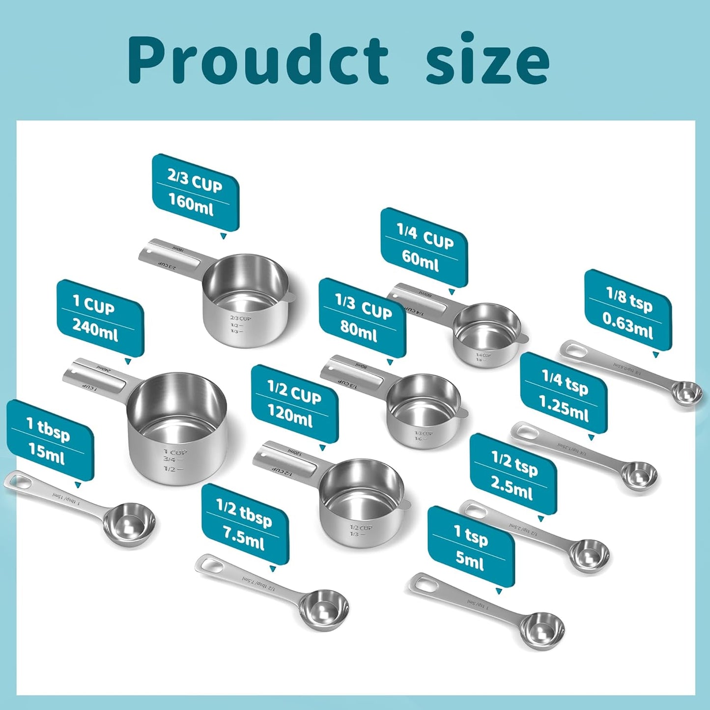 Magnetic Measuring Cups and Spoons Set, 7 Nesting Stainless Steel Measuring Cup Set with Easy to Read Markings, 7 Magnetic Measuring Spoons & 1 Leveler for Measuring Dry or Liquid Ingredients