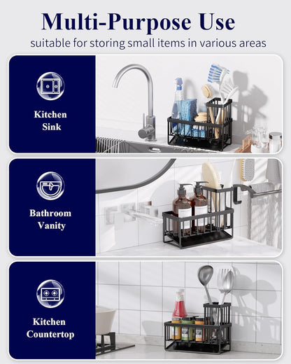 Kitsure Sponge Holder for Kitchen Sink - Rustproof Stainless Steel Sink Caddy Organization and Storage Essentials with High Brush Holder, Home Decor Accessories, 7.9" x 3.7" x 6.2", Black