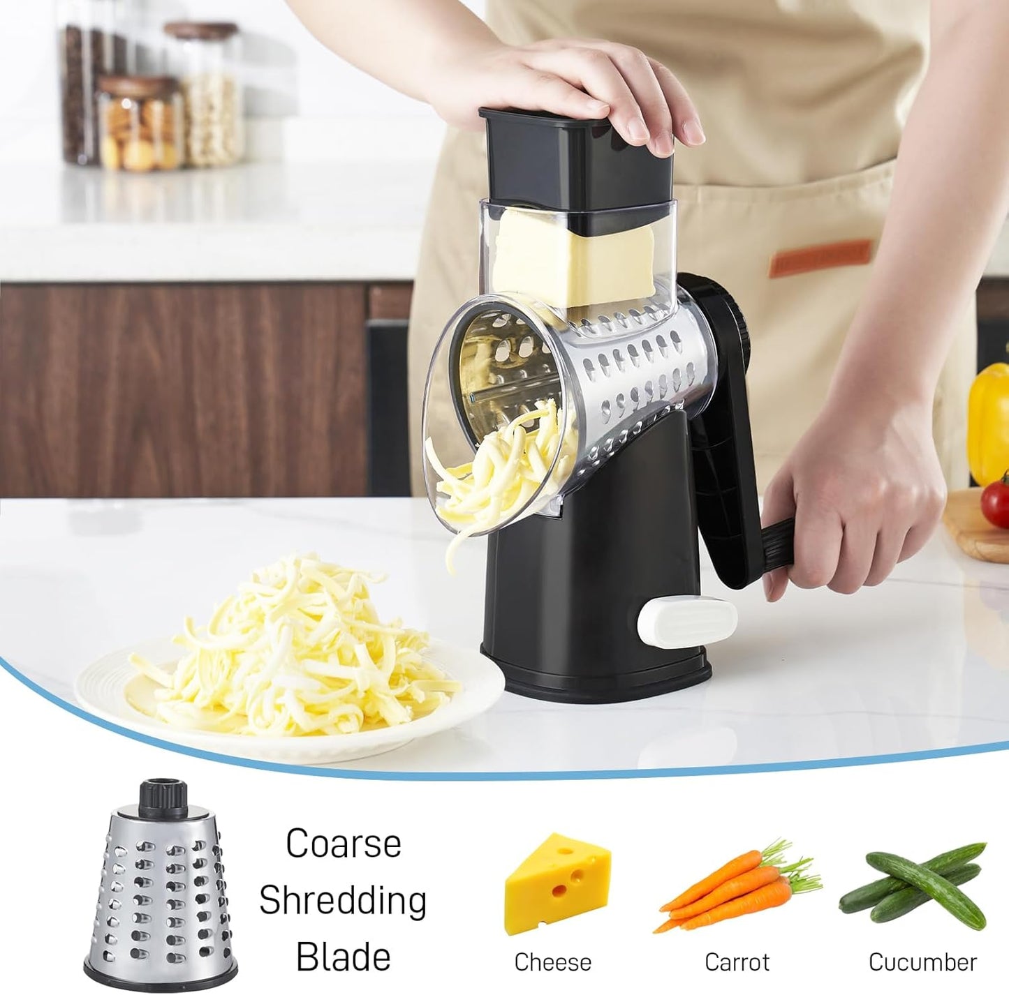 VEKAYA Rotary Cheese Grater Hand Crank with 4 Interchangeable Stainless Steel Blades, Large Manual Handle Shredder and Waffle Slicer for Vegetables, Cheese and Nuts with Table Suction Base(Blue)