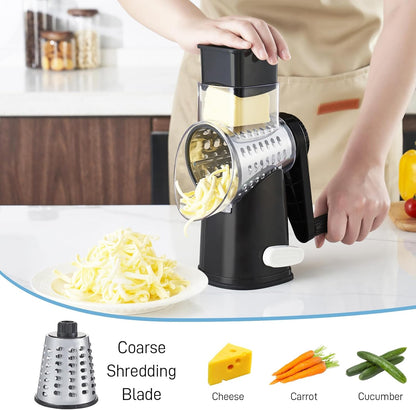 VEKAYA Rotary Cheese Grater Hand Crank with 4 Interchangeable Stainless Steel Blades, Large Manual Handle Shredder and Waffle Slicer for Vegetables, Cheese and Nuts with Table Suction Base(Blue)