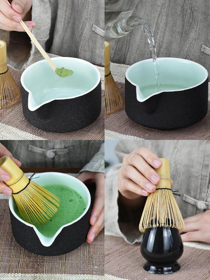 Artcome 4 Pcs Complete Matcha Ceremony Kit - Japanese Bowl With Pouring Spout, Whisk, Holder, Scoop - Tea Set for Making Usucha, Koicha and Latte (Green)