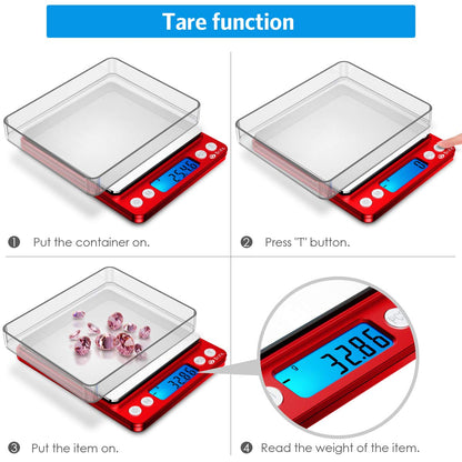 (Upgraded) AMIR Digital Kitchen Scale, 500g Mini Pocket Jewelry Scale, Food Scale, Coffee Scale, Back-Lit LCD Display, 2 Trays, 6 Units, Auto Off, Tare, PCS, Stainless Steel (Batteries Included)