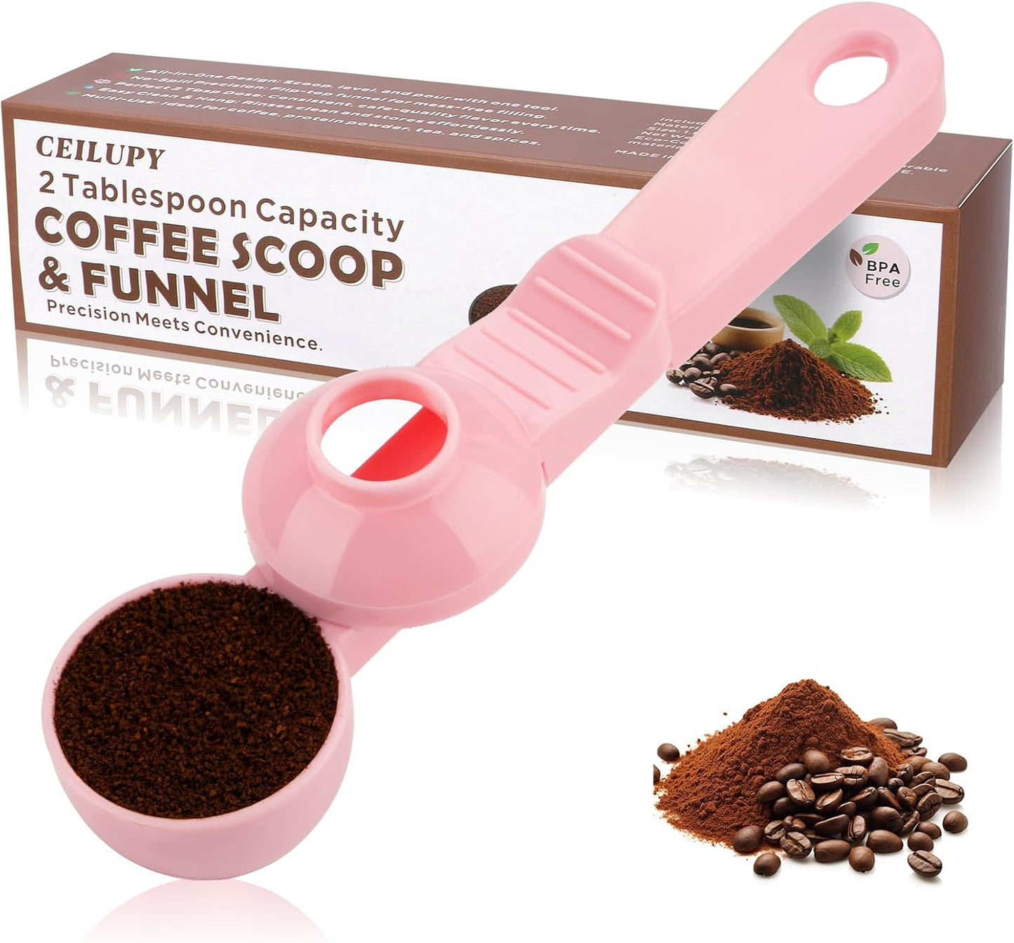 2-in-1 Coffee Scoop with Funnel, 2 Teaspoon Measuring Spoon for Reusable K Cups, Ground Coffee, Protein Powder & Tea, Mess-Free Plastic Design (Pink)