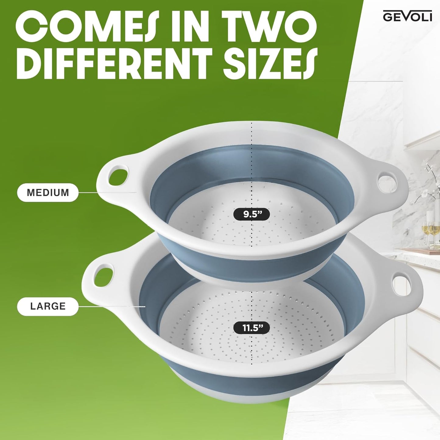 Collapsible Colanders (2 Pack Set) Food Strainers with Over-Sink Water Draining Base for Pasta Fruits and Vegetables (4 and 5 Quart) - White Beige