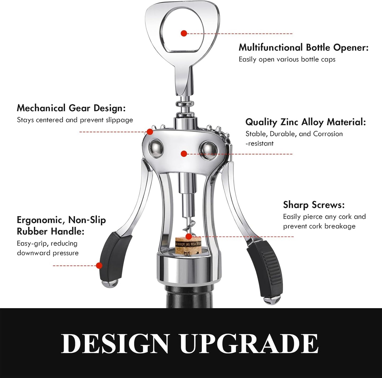 KORCCI Wine Opener, Heavy-Duty Zinc Alloy Wing Corkscrew, Premium Beer Bottle Opener, Multifunctional Wine Accessories with Ergonomic Handle and Sharp Screw, for Kitchen, Bar, Restaurant (SILVER)