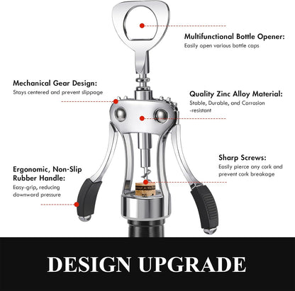 KORCCI Wine Opener, Heavy-Duty Zinc Alloy Wing Corkscrew, Premium Beer Bottle Opener, Multifunctional Wine Accessories with Ergonomic Handle and Sharp Screw, for Kitchen, Bar, Restaurant (SILVER)