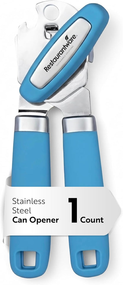 Restaurantware Comfy Grip 7.6 x 1.9 x 2.1 Inch Can Opener 1 Durable Manual Can Opener - Sharp Wheel Blade Grip Handle Mint Green Stainless Steel Hand-Held Can Opener Built-In Bottle Opener