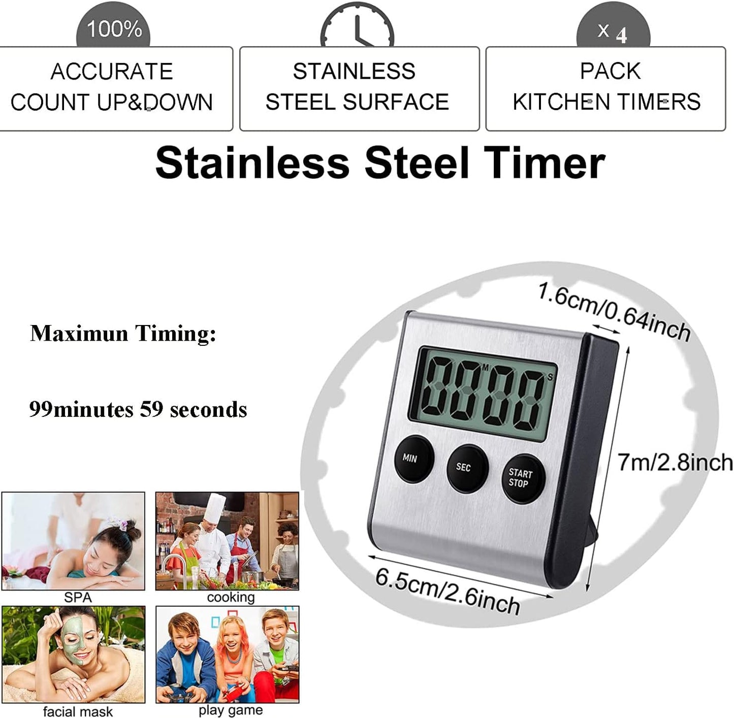 Digital Kitchen Timer - Magnetic Countdown With Loud Alarm, Stainless Steel for Cooking, Baking, Sports Games