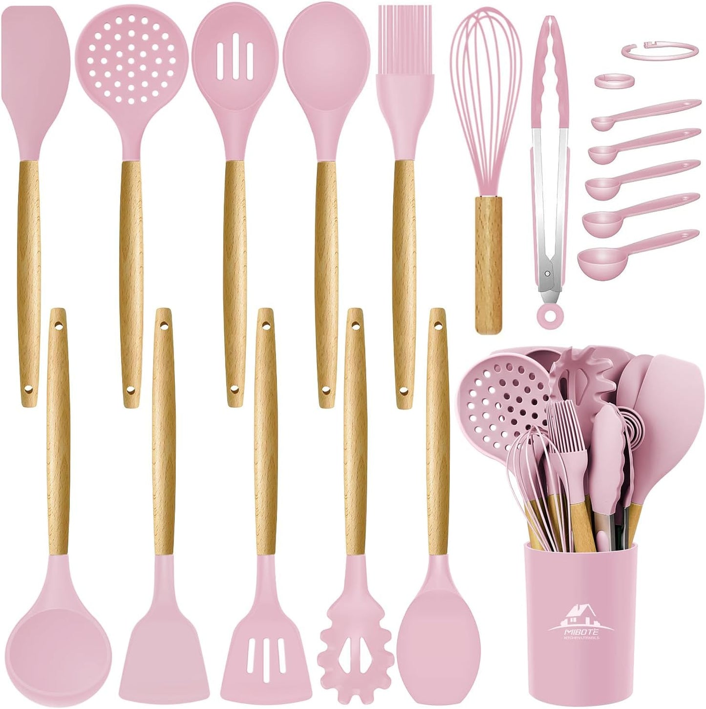 MIBOTE Silicone Cooking Kitchen Utensils Set with Holder, Wooden Handles BPA Free Non Toxic Silicone Turner Tongs Spatula Spoon Kitchen Gadgets Utensil Set for Nonstick Cookware (Coffee)