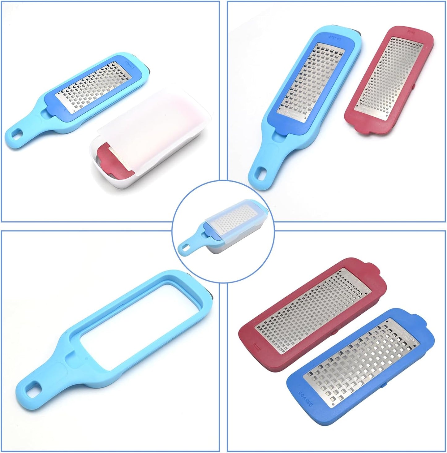 Hoypeyfiy Interchangeable Grater with Storage Box, Cheese Grater Kit Includes Coarse & Fine Stainless Steel Blades for Kitchen, Non-Slip Base for Stability