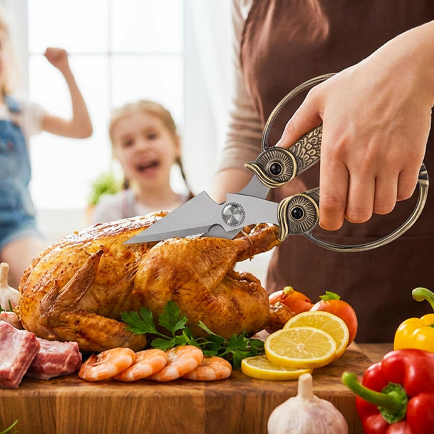 WARMHEART Owl Kitchen Scissors All Purpose, Stainless Steel Heavy Duty Sharp Shears for Meat, Chicken, Fish, Poultry, Herb, Bread (Bronze, Medium)