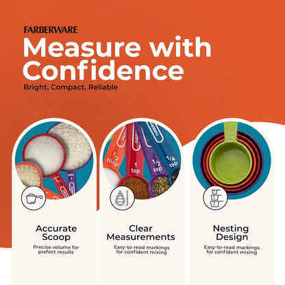FARBERWARE 5-Piece Measuring Cup Set with Coffee Scoop, Durable Plastic Nesting Measuring Cups with Easy-Read Markings, BPA-Free, Dishwasher Safe