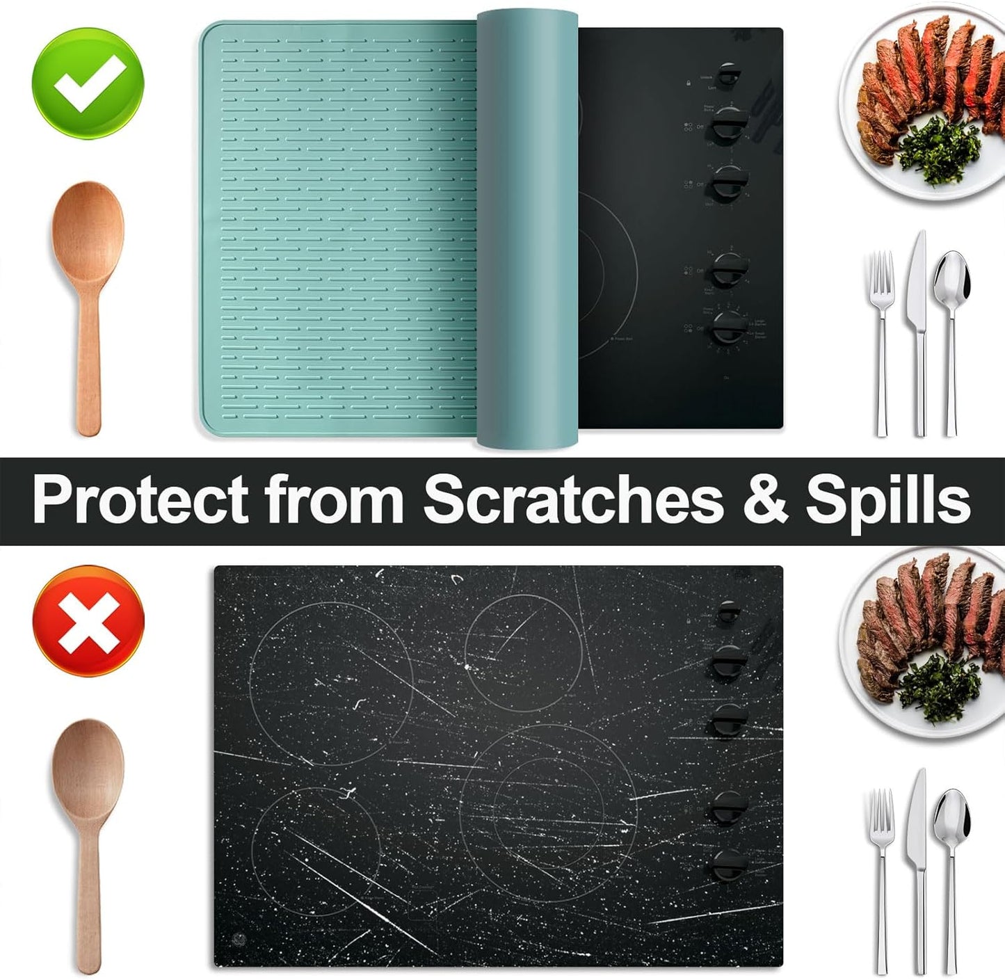 Stove Top Cover for Electric Stove- Range Covers for Electric Stove,Silicone XXL Dish Drying Mat, Glass Cooktop Covers, Flat RV Range top Mats (Black, 28"x20")