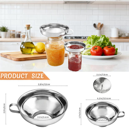 Canning Funnel with Strainer, Wide Mouth Funnels for Filling Wide and Regular Mason Jars, Food Grade Stainless Steel Canning Supplies for Kitchen Use, 3 Pack (Small and Large)
