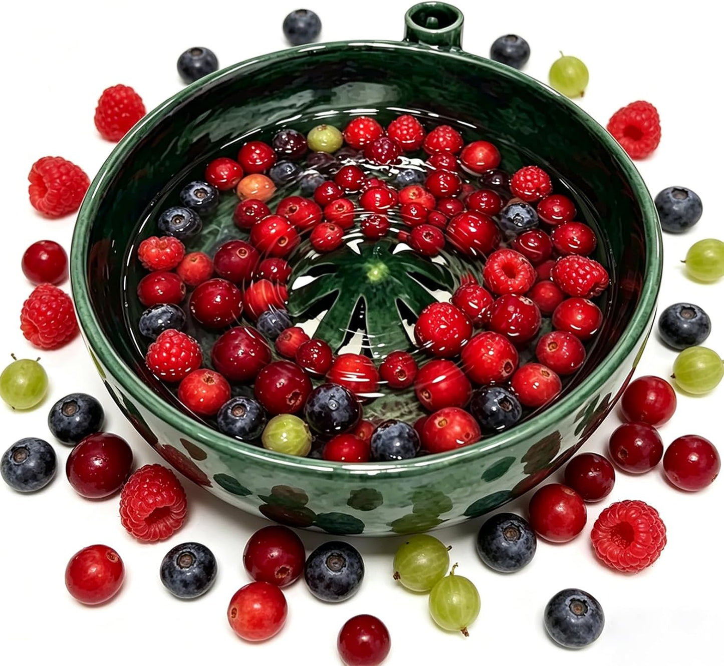 Self Spinning Ceramic Berry Washing Bowl, Berry Bowls with Holes Ceramic, 360° Rotating Fruit Strainer, Integrated Rapiddrain Base, for Fruits, Vegetables, Berries (1Pcs)