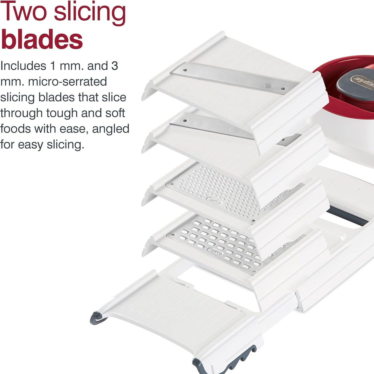 Zyliss Easy Control Handheld Slicer - Vegetable Slicer & Chopper - Fruit Cutter - Handheld Slicer with Two Stainless Steel Blades - Dishwasher Safe - White/Red, 13 inches