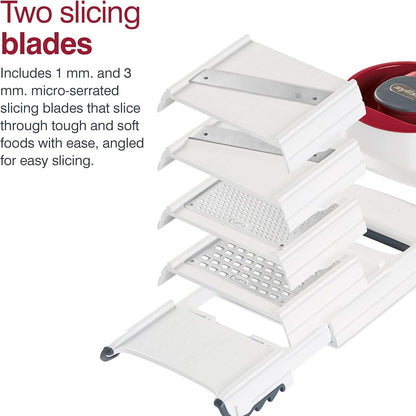 Zyliss Easy Control Handheld Slicer - Vegetable Slicer & Chopper - Fruit Cutter - Handheld Slicer with Two Stainless Steel Blades - Dishwasher Safe - White/Red, 13 inches