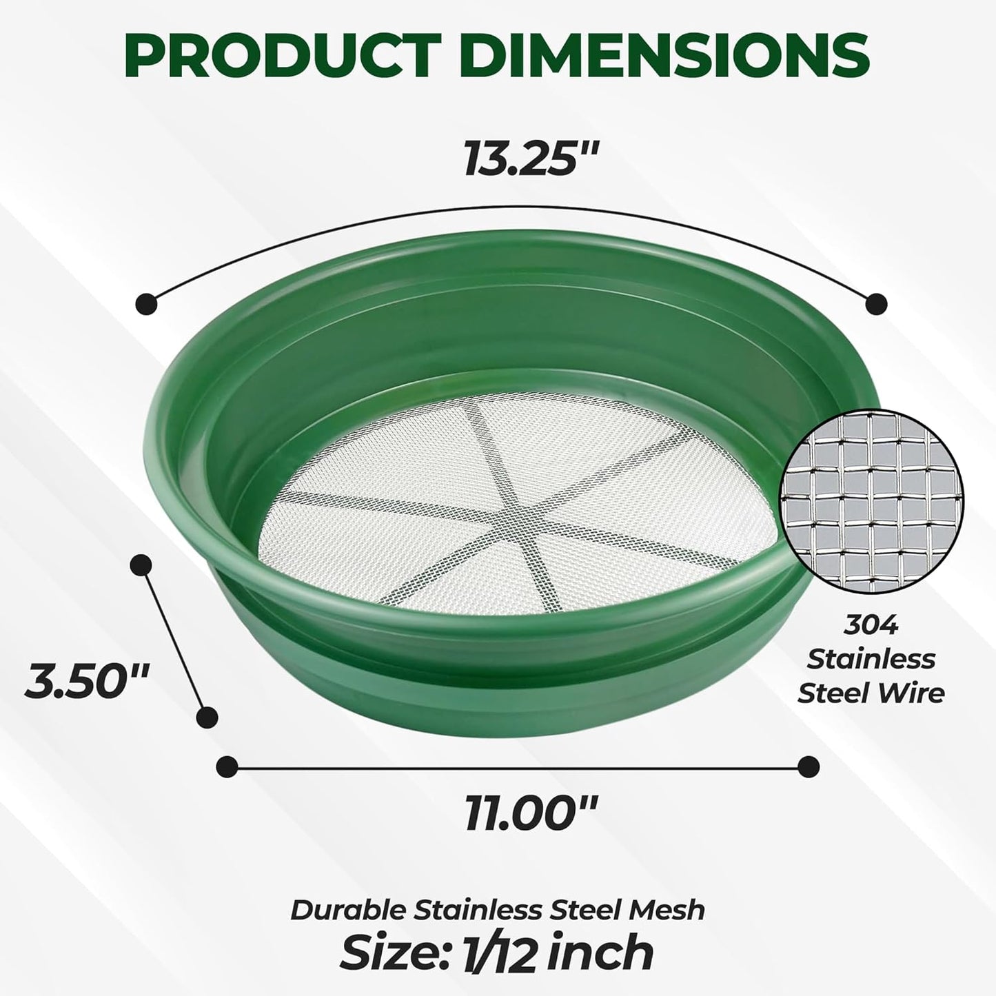 SE 13.25 Inch Wide Stackable Classifier Gold Prospecting Pan - 1/8 Inch Stainless Steel Mesh Sifting Pan, Green