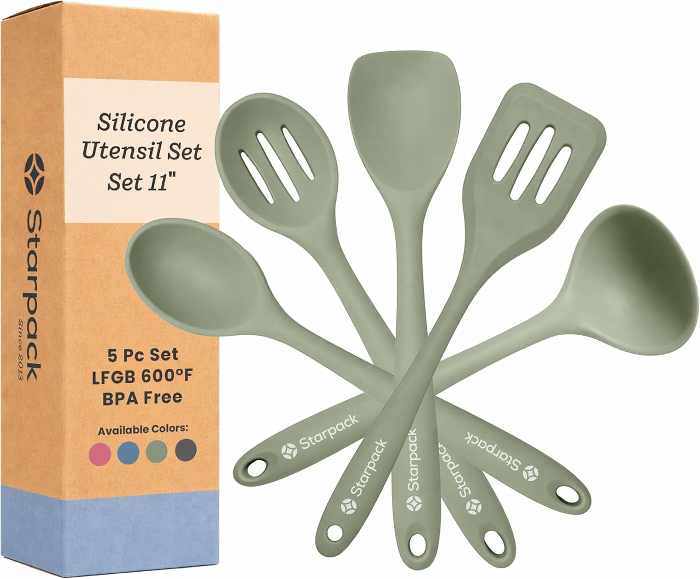 Starpack Stir and Serve Silicone Cooking Utensils Set (5-Piece, 11") - LFGB Non Toxic, 600°F Heat Resistant, BPA-Free - One-Piece Seamless, Dishwasher Safe - for Nonstick Cookware, Earthy Pink